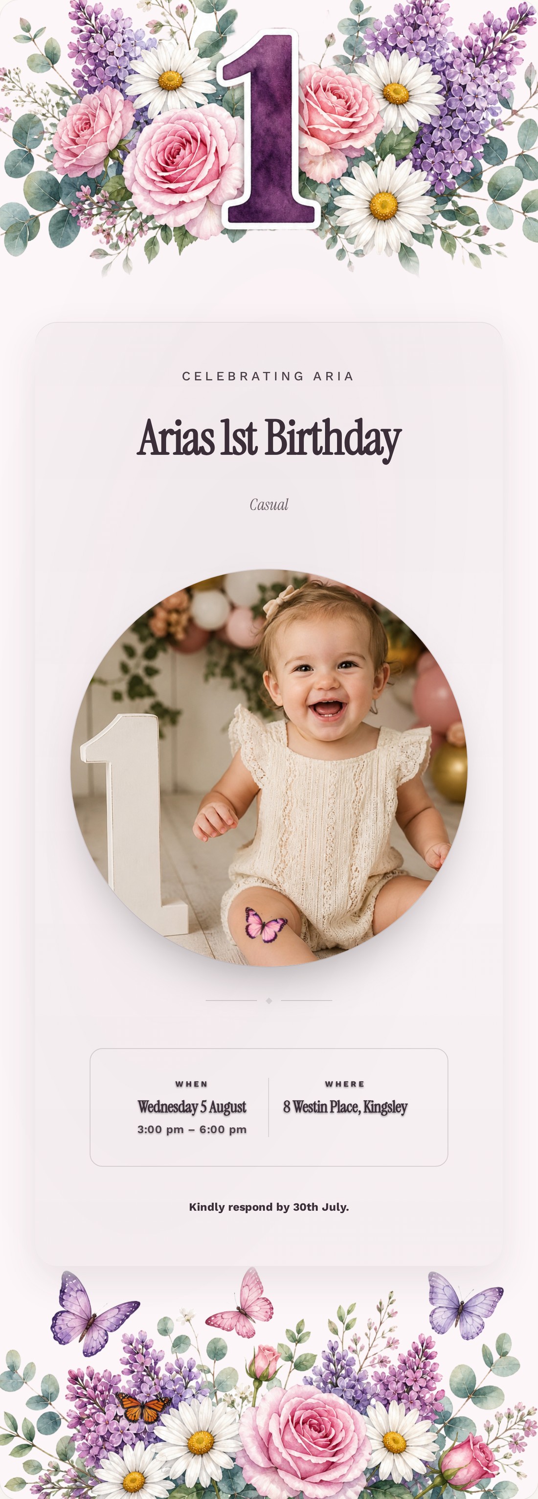 A first birthday invitation created with Availi